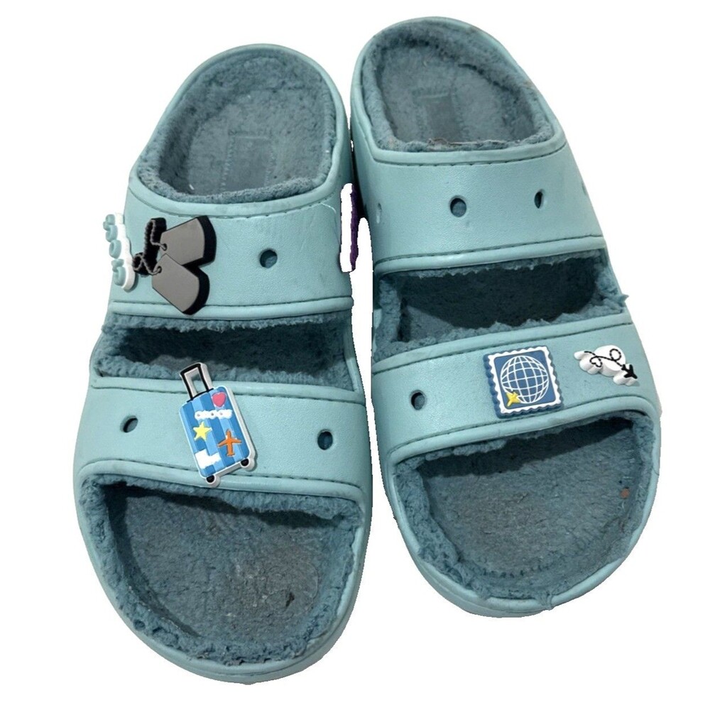Crocs Turquoise Aqua Blue Fuzzy Lined Slip On 2 Strap Sandal Slides Mens Size 11